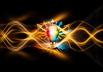 Bright multicolored light bulb emits rays of ideas, shown as arrows pointing in various directions, symbolizing creativity, options, and the spread of innovation.