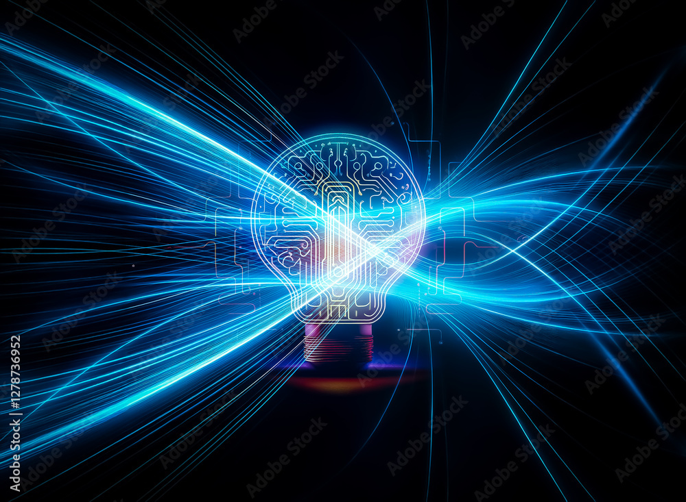 Poster a glowing lightbulb, its filament replaced with intricate circuitry, sits against a backdrop of neon