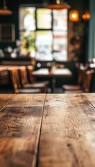 Rustic wooden table in a blurred restaurant setting
