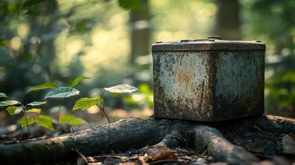 Fototapeta premium Rustic Box on Tree Root Surrounded by Lush Forest Greenery