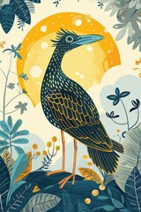Obraz premium A stylized bird stands amidst vibrant foliage and a sunlit background, showcasing nature's beauty.