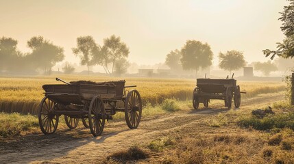Obraz premium Rustic Carts on Country Road Amid Golden Rice Fields at Sunrise