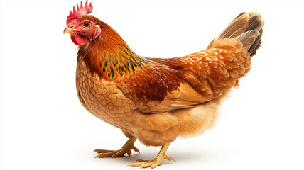 Fototapeta premium brown chicken hen standing on white background, showcasing its vibrant feathers and distinct features. This captures essence of farm life and poultry