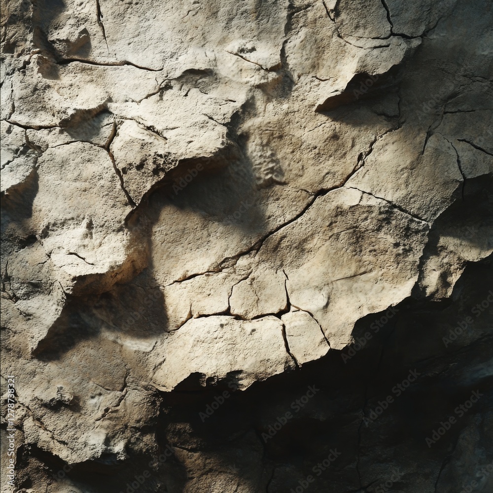 Aufkleber textured stone face with cracks and shadows, a close-up view of weathered rock formation