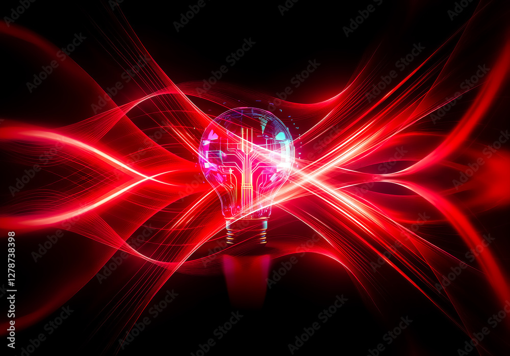 Poster A vibrant light bulb with a circuit board interior radiates neon hues against a stark black backdrop, creating a captivating digital illumination.