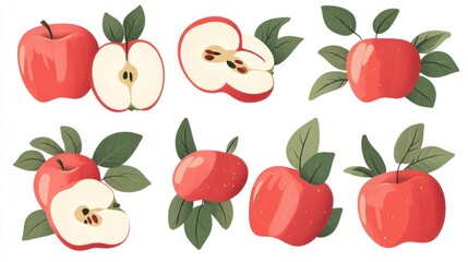 Group of apples. Sliced & whole with leaves. Food. Still life. Recipes use