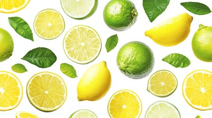 A vibrant assortment of lemons and limes with green leaves, showcasing their fresh, zesty appeal on a clean white background.