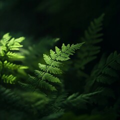 Verdant Fern in a Forest's Embrace: Close-up of a Lush Green Frond Bathed in Soft Light Amidst the Deep, Shady Undergrowth