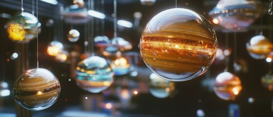 Abstract spherical art pieces suspended, resembling miniature planets in a dreamy cosmic atmosphere.