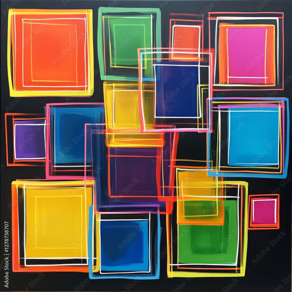 Poster vibrant rectangles: a bold abstract composition of overlapping colorful squares on a black backgroun