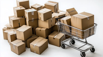 Packed cardboard boxes stacked beside shopping cart, showcasing busy delivery scene. image conveys sense of commerce and logistics
