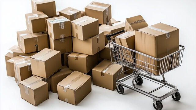 Packed cardboard boxes stacked beside shopping cart, showcasing busy delivery scene. image conveys sense of commerce and logistics
