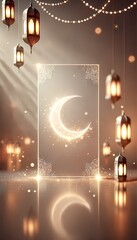 Soft, dreamy Ramadan background with gentle light rays shining from a crescent moon, surrounded by floating lanterns and subtle Arabic motifs, perfect for social media posts