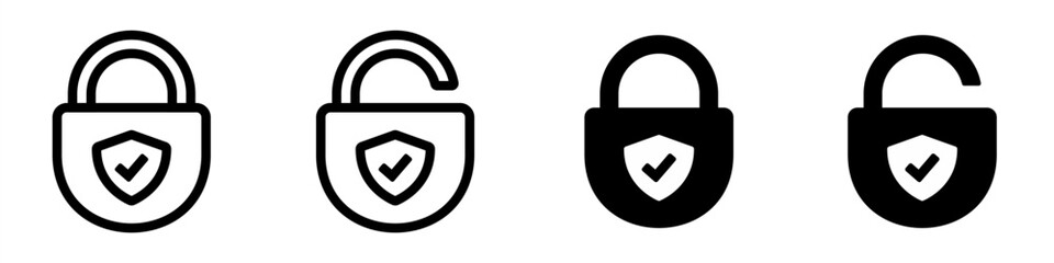 Safe protection lock icon. Padlock with shield and tick. Locked and unlocked padlock in line and flat design. Vector illustration. Editable stroke EPS 10