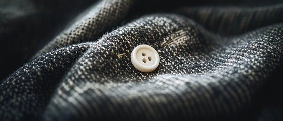 A close-up of a white button sewn onto textured gray fabric under soft light, evoking simplicity and elegance.