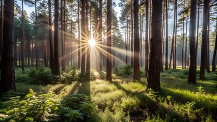 Obraz premium Sunlight Beaming Through Misty Pine Forest. Golden sunlight streams through tall pine trees in a misty forest, casting long shadows on lush green foliage in the morning