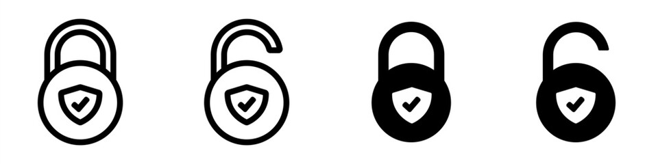 Safe protection lock icon. Padlock with shield and tick. Locked and unlocked padlock in line and flat design. Vector illustration. Editable stroke EPS 10