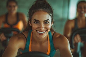 Fototapeta premium Happy people working out in the gym on a spiral stationary bike with their friends and participating in a spinning class.