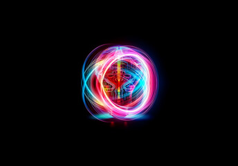 A light bulb with a circuit board design inside emits a vibrant neon glow, illuminating the dark surface below.  It represents technological innovation and bright ideas.