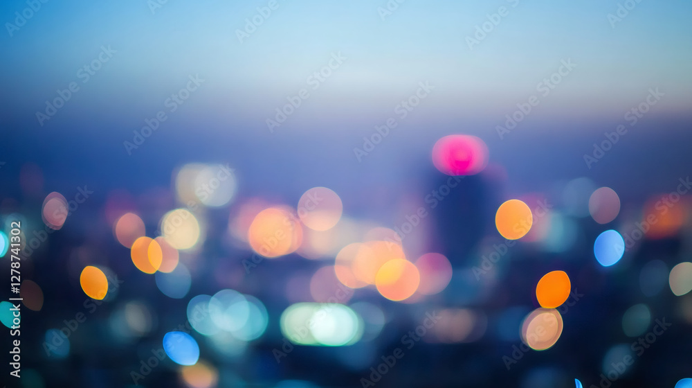 Poster blurred city lights creating a magical bokeh effect at dusk, capturing the vibrant energy of urban n