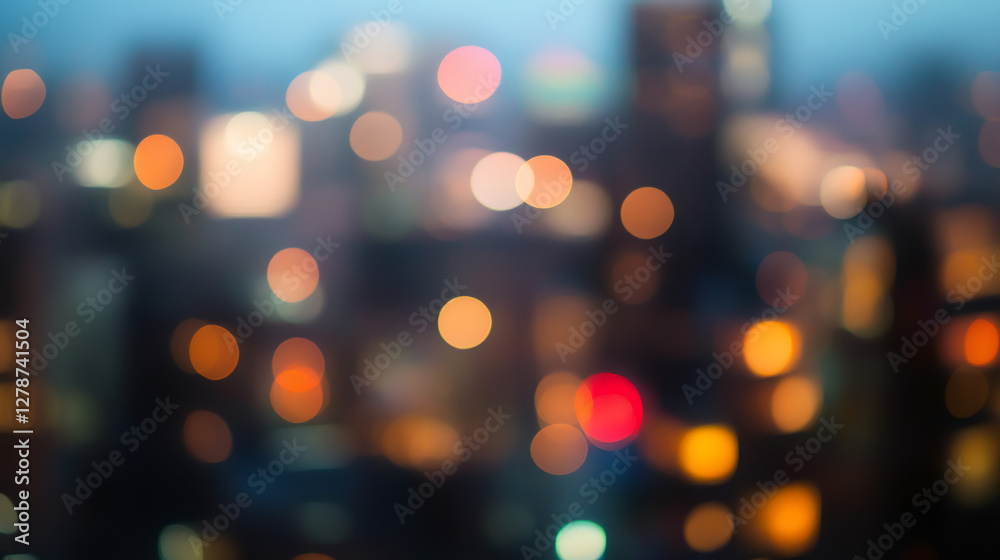 Poster blurred city lights creating beautiful bokeh effect at dusk, perfect background for urban and nightl