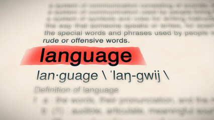 A close-up illustration of the word "language" in a dictionary, showing its definition and meaning
