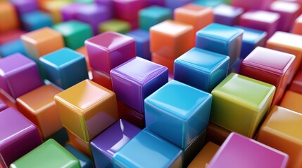 Obraz premium Connected colorful cubes are rendered in 3D, showcasing their vibrant hues and intricate interconnections.