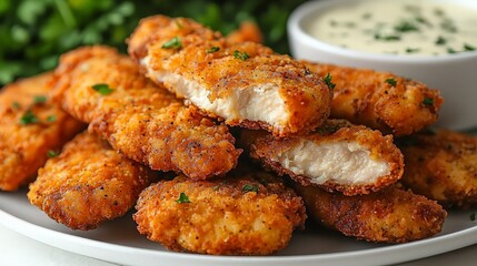 Fototapeta premium Crispy Chicken Tenders Served with Creamy Sauce on White Plate