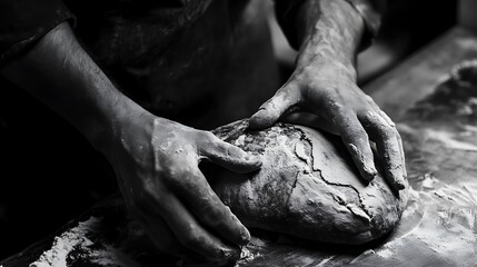 Hands Kneading Dough Preparing Bread in a Black and White Image
