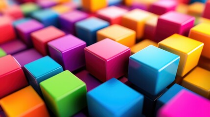 Obraz premium Connected colorful cubes are rendered in 3D, showcasing their vibrant hues and intricate interconnections.