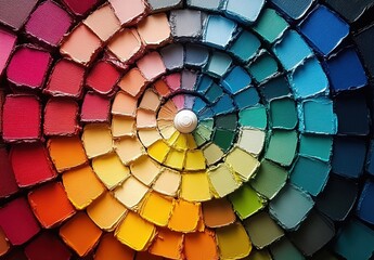 Obraz premium A detailed color wheel with each shade representing different colors of paint, arranged in an intricate spiral pattern, showcasing the diversity and complexity of paints for interior painting.