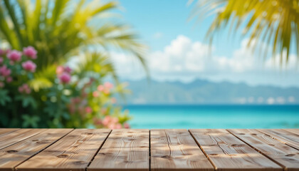Empty wood table top on Summer theme background. The focus is on the table surface. 
