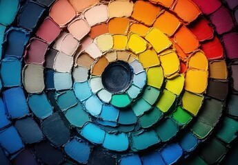 Obraz premium A detailed color wheel with each shade representing different colors of paint, arranged in an intricate spiral pattern, showcasing the diversity and complexity of paints for interior painting.