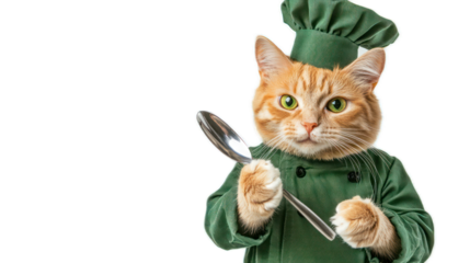 A playful orange cat dressed as a chef holds a spoon, ready to cook in a whimsical kitchen setting