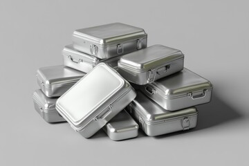 Stack of shiny silver aluminum cases or containers are piled