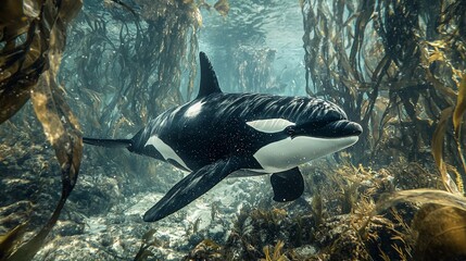 Orca swimming amidst kelp forest. (1)