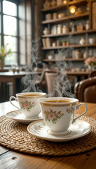 A warm and inviting tea moment with floral-patterned china cups, gentle steam rising, set against the rustic charm of a beautifully decorated cafe.