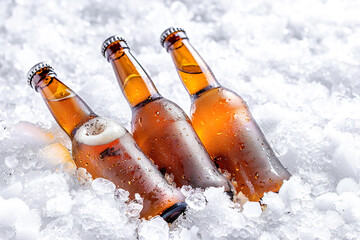 Three frosty beer bottles on ice, perfect for a refreshing, cold drink in warm weather.