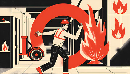 Emergency evacuation, fire alarm, poster style