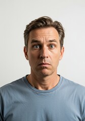 Fototapeta premium Surprised Man Expression, Shock, Fear, Anxiety, Reaction, Studio Portrait, White T-Shirt