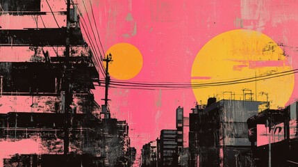 A generative AI-created retro grunge poster featuring a vibrant pink and yellow color palette, layered with mixed textures and an Asian cityscape.