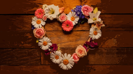 Floral Heart with Romantic Arrangement Against Rustic Wooden Background