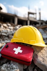 Construction safety gear including yellow hard hat and first aid kit on rubble at site, emphasizing importance of safety measures and emergency preparedness.