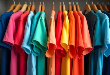 Colorful shirts on a hanger in a shop, close-up. Generated by AI
