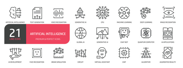 Set of line icons artificial intelligence, machine learning, chat bot, virtual assistant, chip.  Outline icons collection. Editable stroke. Vector illustration. stock illustration