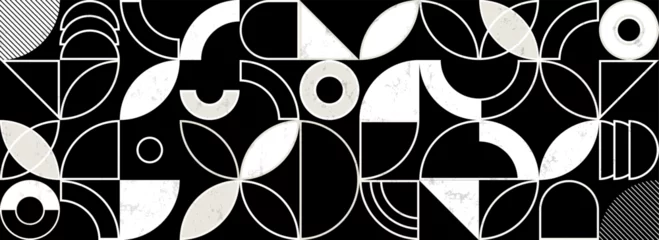 Gordijnen abstract geometric background pattern, retro style, with circles, semicircle, squares, lines, paint strokes and splashes, black and white © Kirsten Hinte