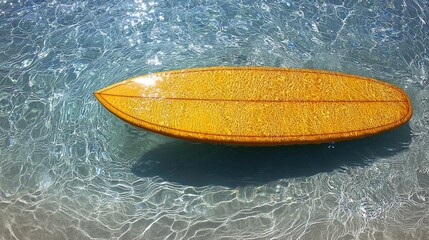 Surfboard gently resting in clear water with reflections of the sky and surrounding nature