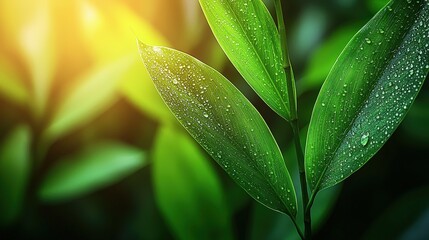 Closeup view of a green leaf with glistening water droplets sparkling in natural light