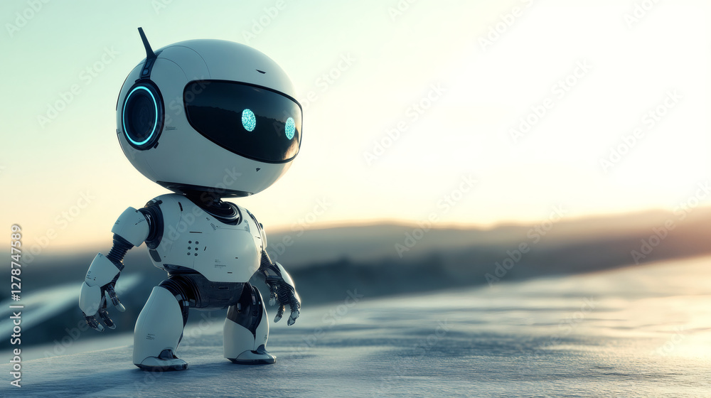 Aufkleber futuristic robot walking on snow during a beautiful sunset, concept of artificial intelligence and e