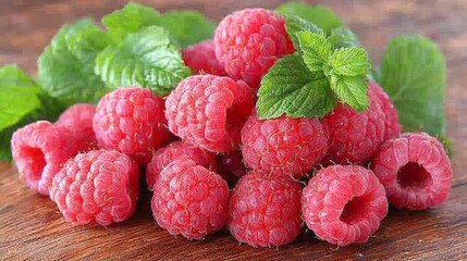Fresh Raspberries with Mint on Wooden Surface. Possible Use Stock photo for food, healthy eating, or recipe websites